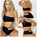 One Shoulder Strap Sexy High Waist Split Bikini Ladies Swimsuit, Size:L(As Show)