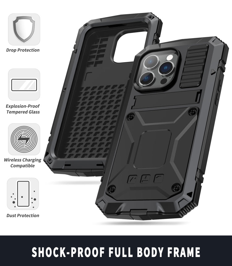 For iPhone 14 Pro R-JUST Shockproof Waterproof Dust-proof Case with Holder(Black)