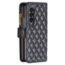 For Samsung Galaxy Z Fold4 Diamond Lattice Zipper Wallet Leather Flip Phone Case(Black)