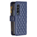 For Samsung Galaxy Z Fold4 Diamond Lattice Zipper Wallet Leather Flip Phone Case(Blue)