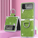 For Samsung Galaxy Z Flip4 Glitter Leather Skin PC Phone Case with Ring(Green)