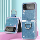 For Samsung Galaxy Z Flip4 Glitter Leather Skin PC Phone Case with Ring(Blue)