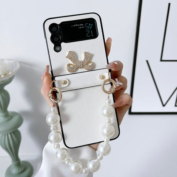 For Samsung Galaxy Z Flip4 Pure Color TPU Phone Case with Hinged & Pearl Bracelet(White)