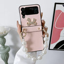 For Samsung Galaxy Z Flip4 Pure Color TPU Phone Case with Hinged & Pearl Bracelet(Pink)
