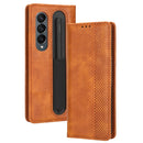 For Samsung Galaxy Z Fold4 5G Magnetic Buckle Retro Texture Leather Phone Case(Brown)