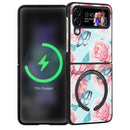 For Samsung Galaxy Z Flip4 MagSafe Magnetic Pattern Leather Folding Phone Case(Green Flowers)