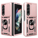 For Samsung Galaxy Z Fold4 Lanyard Slide Camshield Ring Phone Case(Rose Gold)