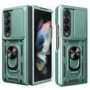 For Samsung Galaxy Z Fold4 Lanyard Slide Camshield Ring Phone Case(Dark Green)