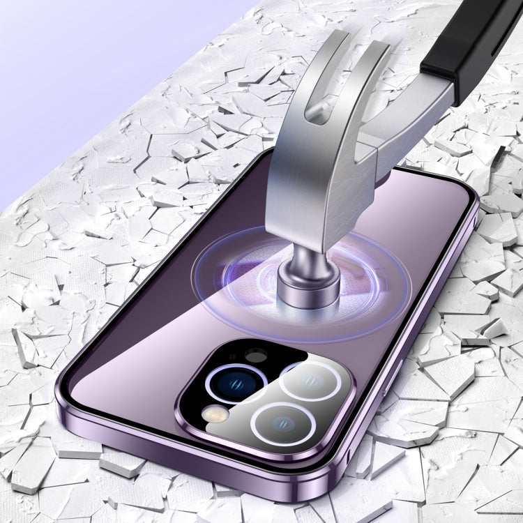 For iPhone 14 Plus Magnetic Double-buckle HD Tempered Glass Phone Case (Purple)