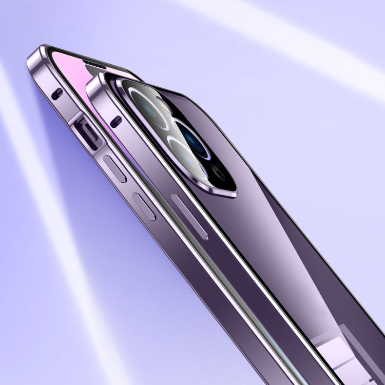For iPhone 14 Plus Magnetic Double-buckle HD Tempered Glass Phone Case (Purple)