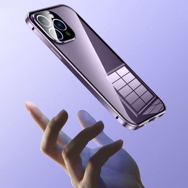 For iPhone 14 Plus Magnetic Double-buckle HD Tempered Glass Phone Case (Purple)