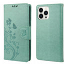 Butterfly Flower Pattern Flip Leather Phone Case For iPhone 14 Pro(Green)