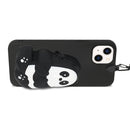 For iPhone 14 Plus Silicone Wallet Phone Case with Lanyard(Black Striped Bear)
