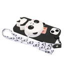 For iPhone 14 Plus Silicone Wallet Phone Case with Lanyard(Black Panda)