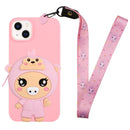 For iPhone 14 Plus Silicone Wallet Phone Case with Lanyard(Deep Pink Pig)