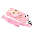 For iPhone 14 Plus Silicone Wallet Phone Case with Lanyard(Deep Pink Pig)
