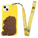 For iPhone 14 Plus Silicone Wallet Phone Case with Lanyard(Yellow Bear)