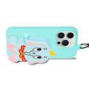 For iPhone 14 Pro Silicone Wallet Phone Case with Lanyard(Light Blue Elephants)