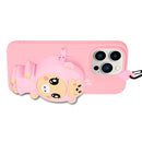For iPhone 14 Pro Silicone Wallet Phone Case with Lanyard(Deep Pink Pig)