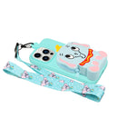 For iPhone 14 Pro Max Silicone Wallet Phone Case with Lanyard(Light Blue Elephants)