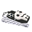 For iPhone 14 Pro Max Silicone Wallet Phone Case with Lanyard(Black Panda)