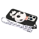 For iPhone 14 Pro Max Silicone Wallet Phone Case with Lanyard(Black Panda)