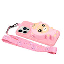 For iPhone 14 Pro Max Silicone Wallet Phone Case with Lanyard(Deep Pink Pig)