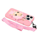 For iPhone 14 Pro Max Silicone Wallet Phone Case with Lanyard(Deep Pink Pig)