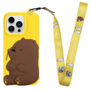 For iPhone 14 Pro Max Silicone Wallet Phone Case with Lanyard(Yellow Bear)