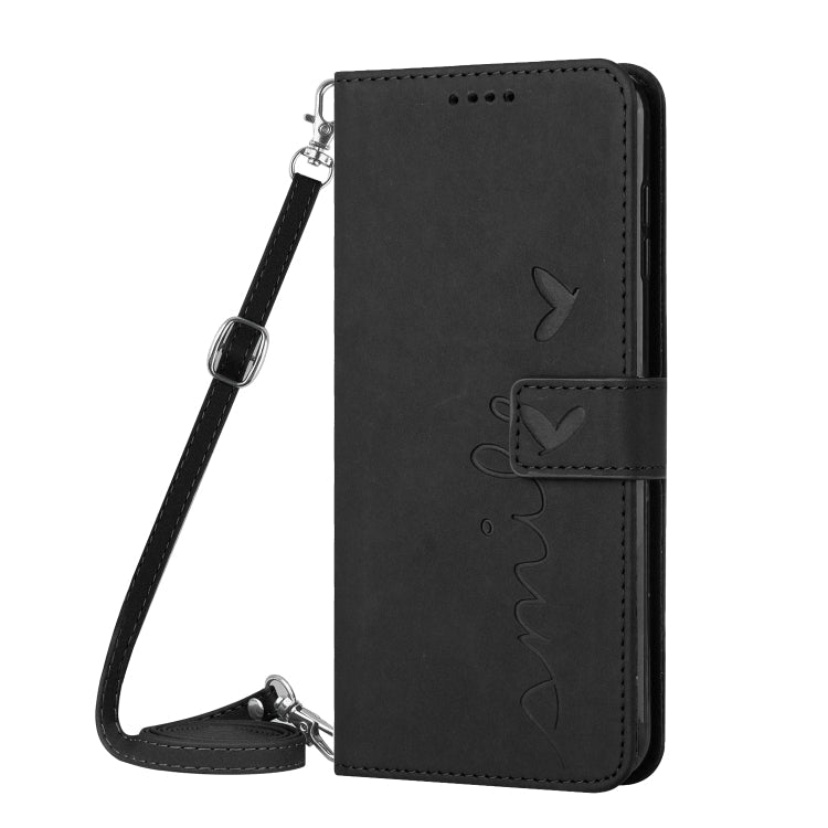 For Motorola Moto G42 Skin Feel Heart Pattern Leather Phone Case With Lanyard(Black)