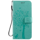 For Galaxy A21 Tree & Cat Pattern Pressed Printing Horizontal Flip PU Leather Case with Holder & Card Slots & Wallet & Lanyard(Green)