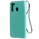 For Galaxy A21 Tree & Cat Pattern Pressed Printing Horizontal Flip PU Leather Case with Holder & Card Slots & Wallet & Lanyard(Green)