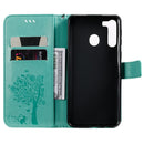 For Galaxy A21 Tree & Cat Pattern Pressed Printing Horizontal Flip PU Leather Case with Holder & Card Slots & Wallet & Lanyard(Green)