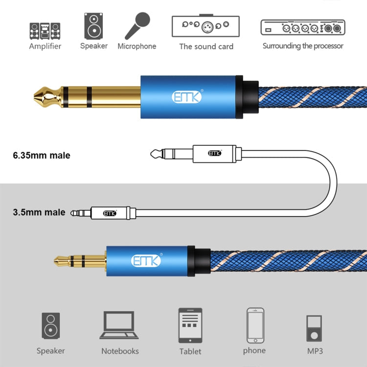 EMK 3.5mm Jack Male to 6.35mm Jack Male Gold Plated Connector Nylon Braid AUX Cable for Computer / X-BOX / PS3 / CD / DVD, Cable Length:1.5m(Dark Blue)