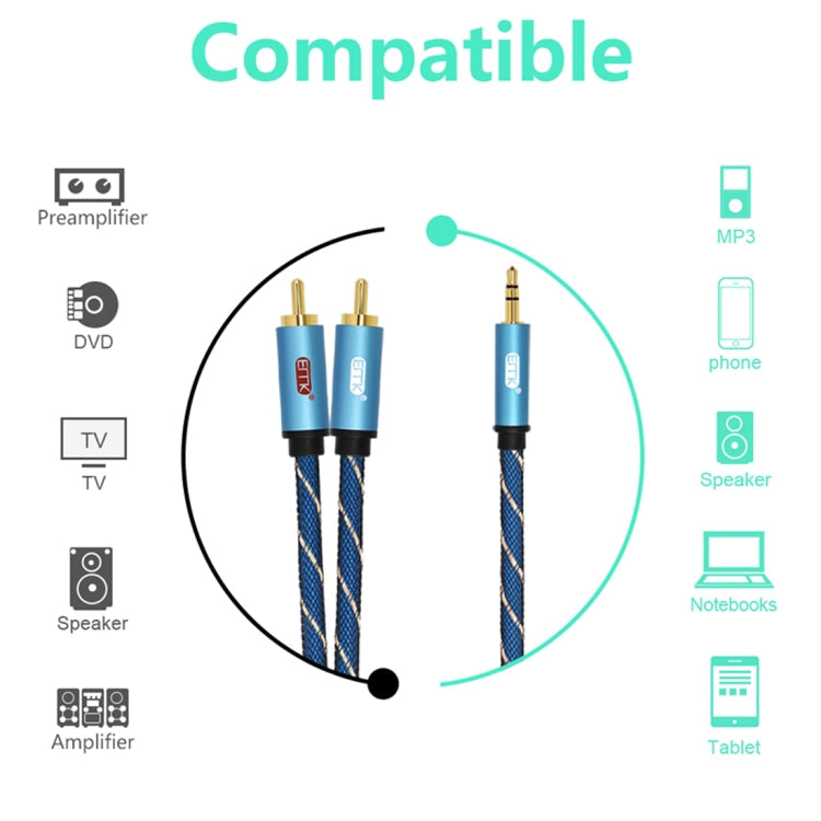 EMK 3.5mm Jack Male to 2 x RCA Male Gold Plated Connector Speaker Audio Cable, Cable Length:3m(Dark Blue)