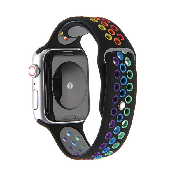 For Apple Watch Series 7 45mm / 6 & SE & 5 & 4 44mm / 3 & 2 & 1 42mm Rainbow Sport Watch Band (Black)
