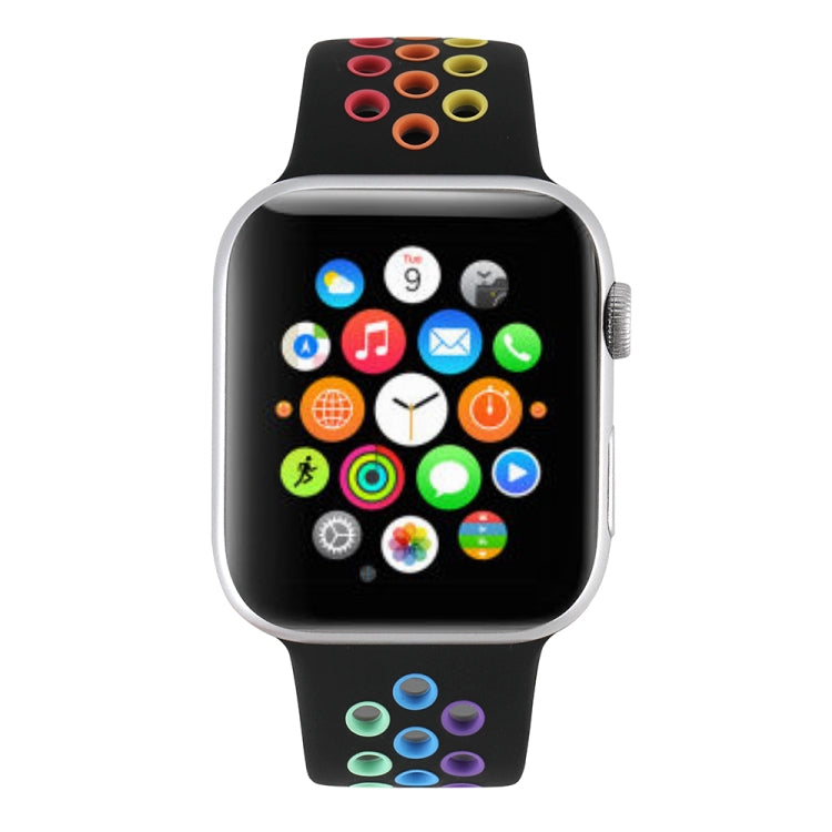 For Apple Watch Series 7 45mm / 6 & SE & 5 & 4 44mm / 3 & 2 & 1 42mm Rainbow Sport Watch Band (Black)