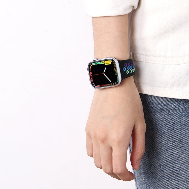 For Apple Watch Series 7 45mm / 6 & SE & 5 & 4 44mm / 3 & 2 & 1 42mm Rainbow Sport Watch Band (Black)