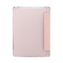 For iPad 10.2 2021 / 2020 / 2019 3-folding Electric Pressed Skin Texture Horizontal Flip Shockproof Transparent TPU + PU Leather Case with Holder & Pen Slot & Sleep / Wake-up Function(Light Pink)