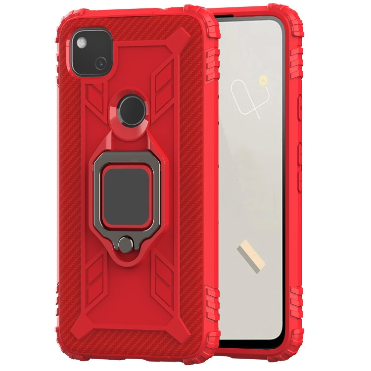 For Google Pixel 4a Carbon Fiber Protective Case with 360 Degree Rotating Ring Holder(Red)