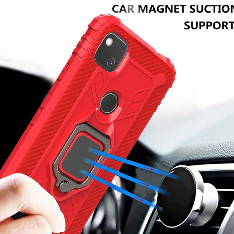 For Google Pixel 4a Carbon Fiber Protective Case with 360 Degree Rotating Ring Holder(Red)