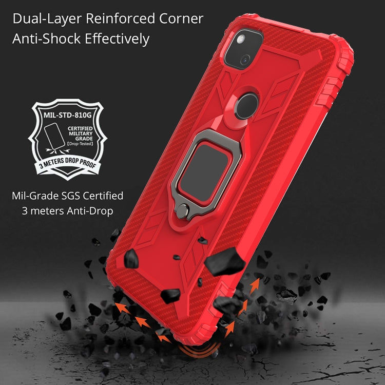 For Google Pixel 4a Carbon Fiber Protective Case with 360 Degree Rotating Ring Holder(Red)