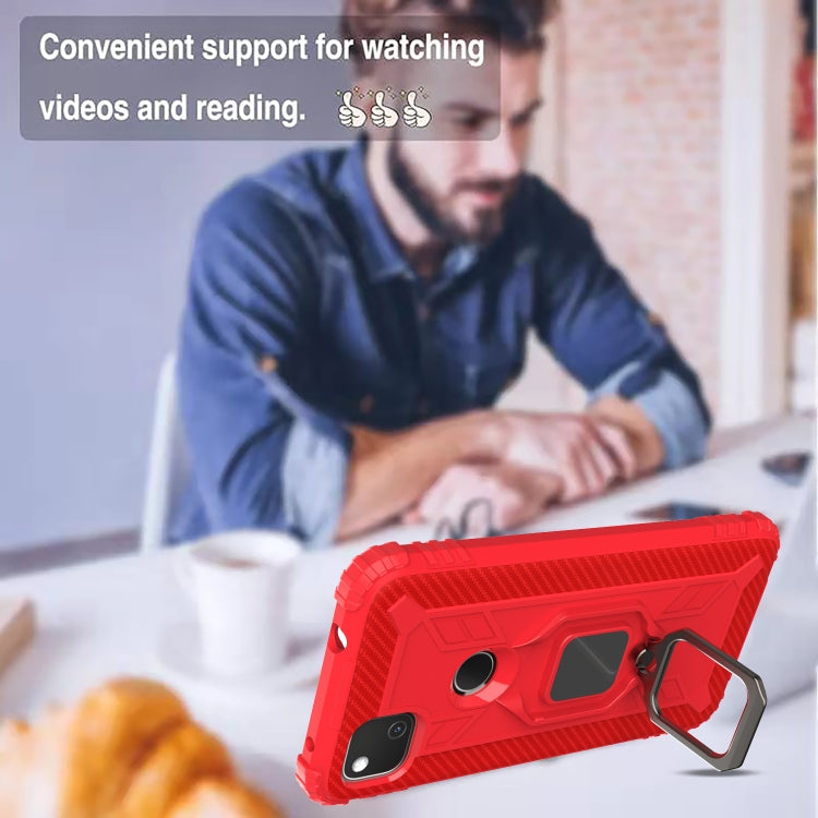For Google Pixel 4a Carbon Fiber Protective Case with 360 Degree Rotating Ring Holder(Red)