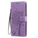 For LG V60 ThinQ 5G Tree & Cat Embossed Pattern Horizontal Flip Leather Case with Holder & Card Slots & Wallet & Lanyard(Light Purple)