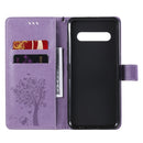 For LG V60 ThinQ 5G Tree & Cat Embossed Pattern Horizontal Flip Leather Case with Holder & Card Slots & Wallet & Lanyard(Light Purple)