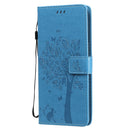 For LG V60 ThinQ 5G Tree & Cat Embossed Pattern Horizontal Flip Leather Case with Holder & Card Slots & Wallet & Lanyard(Blue)