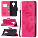 For Nokia 5.3 Two Butterflies Embossing Pattern Horizontal Flip Leather Case with Holder & Card Slot & Wallet & Lanyard(Rose Red)