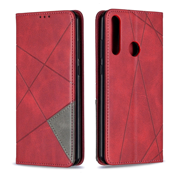 For Huawei Y6p Rhombus Texture Horizontal Flip Magnetic Leather Case with Holder & Card Slots & Wallet(Red)