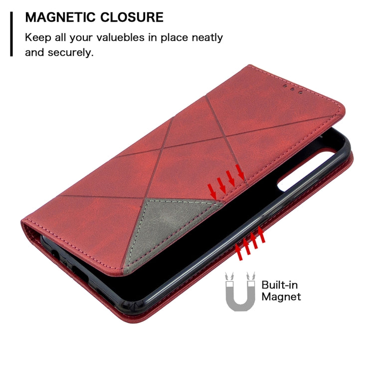 For Huawei Y6p Rhombus Texture Horizontal Flip Magnetic Leather Case with Holder & Card Slots & Wallet(Red)