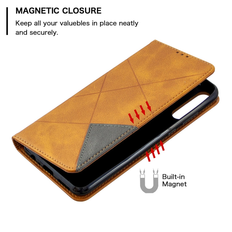 For Huawei Y6p Rhombus Texture Horizontal Flip Magnetic Leather Case with Holder & Card Slots & Wallet(Yellow)
